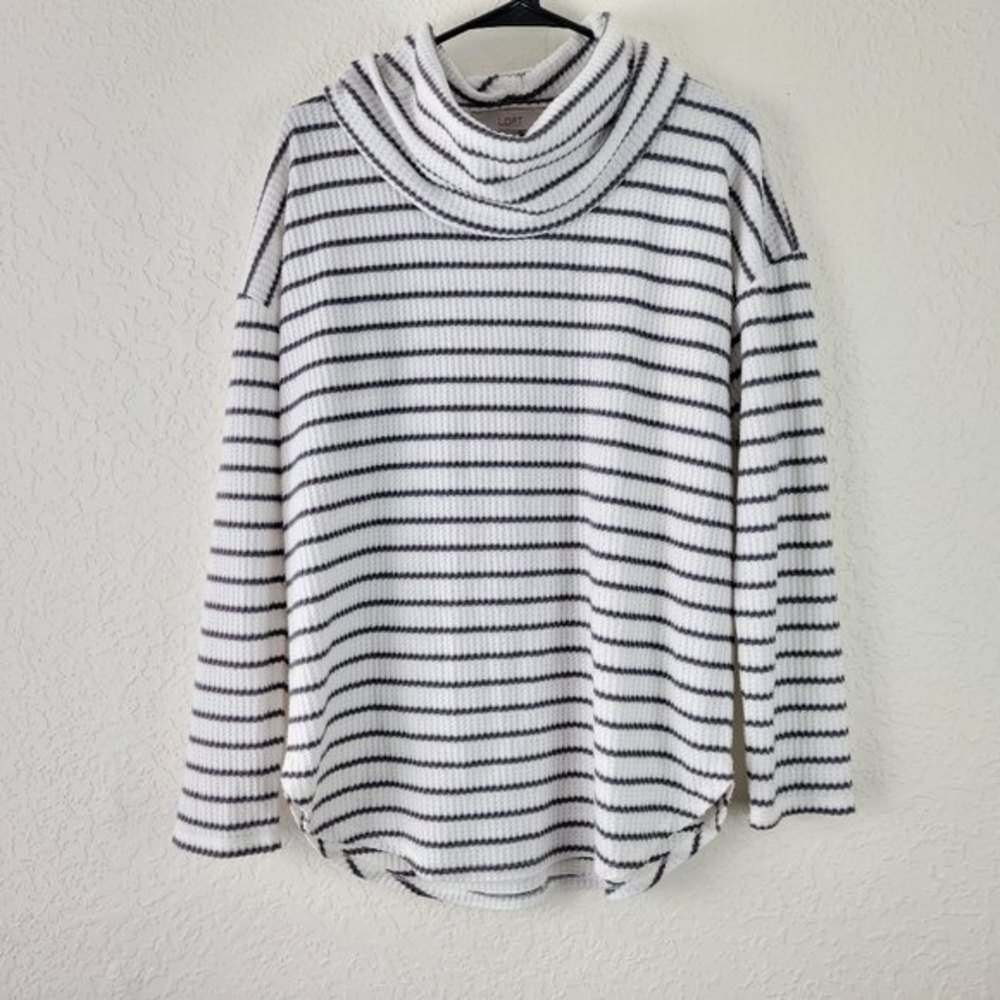 LOFT Striped Waffle Knit Cowl Neck Sweater Soft Stretch Large